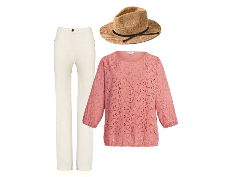 Pink blouse, cream denim and hat