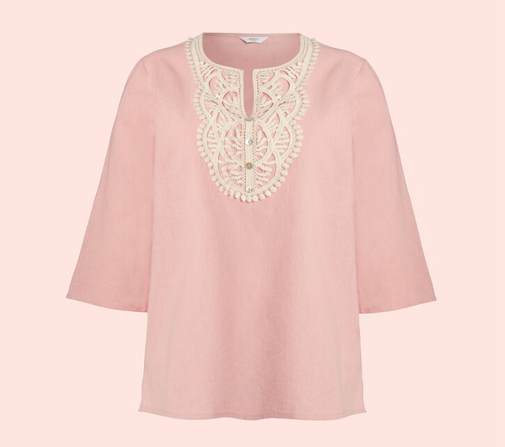 blush pink top with cream lace trim