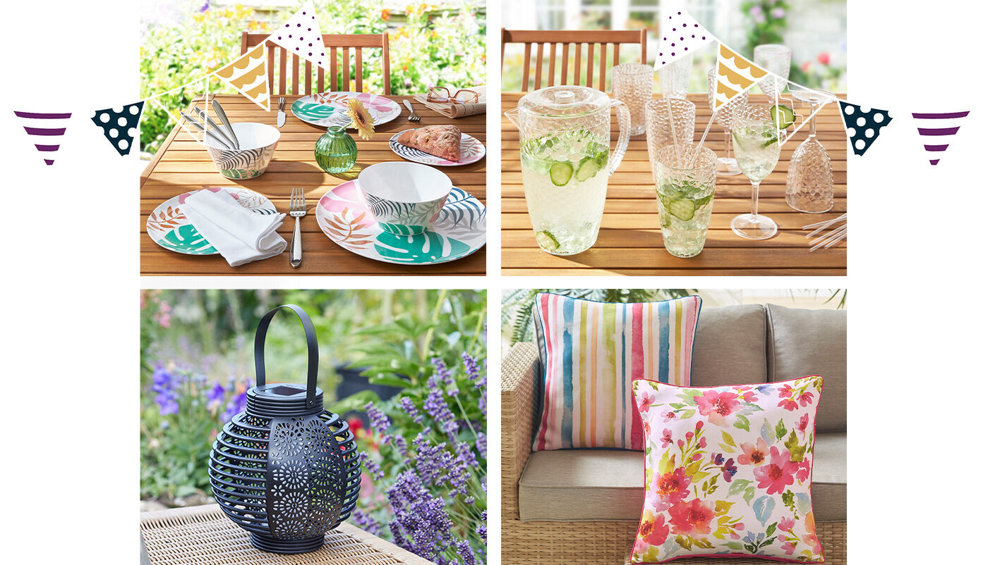 Four images of homeware. The first image is of a tropical dining set laid out on a wooden table. The second image is of a dimpled drinks jug, tumblers and wine glasses on the wooden table. The third image is of a black solar lantern with a floral pattern. The fourth image is of two cushions; one with a pastel stripe print and the other with a pastel floral print.