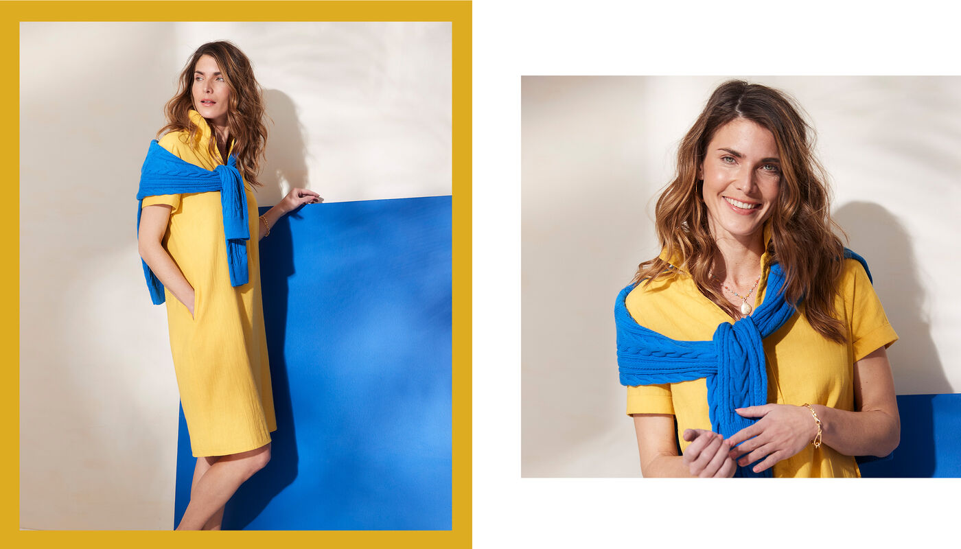yellow dress and blue jumper