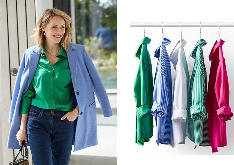 Two images. One is of a woman walking, wearing a green button-up shirt tucked into blue denim jeans with a light blue coat on top. She is also carrying a leopard print bag. The second image is of five shirts hung up on a rail. Three are block colours of green, blue, and pink, and two are striped