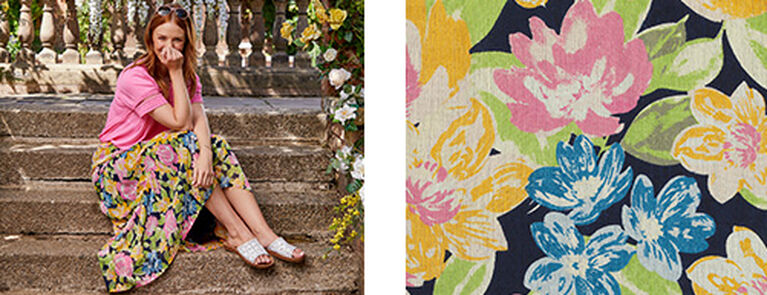 Two images. The first is of a woman sitting on steps wearing a pink blouse tucked into a floral midi skirt. She is also wearing white sandals and has a pair of sunglasses on the top of her head. The second image is a close-up shot of the floral pattern, including pink, white and blue flowers with green leaves