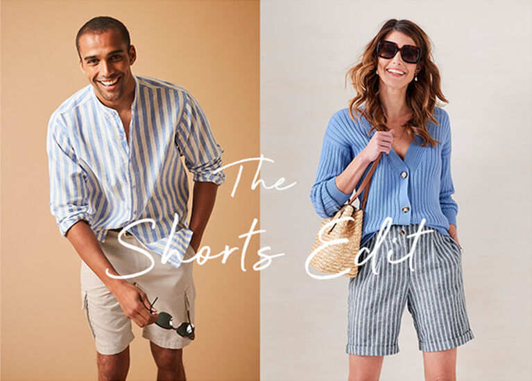 Man and woman wearing striped summer clothing