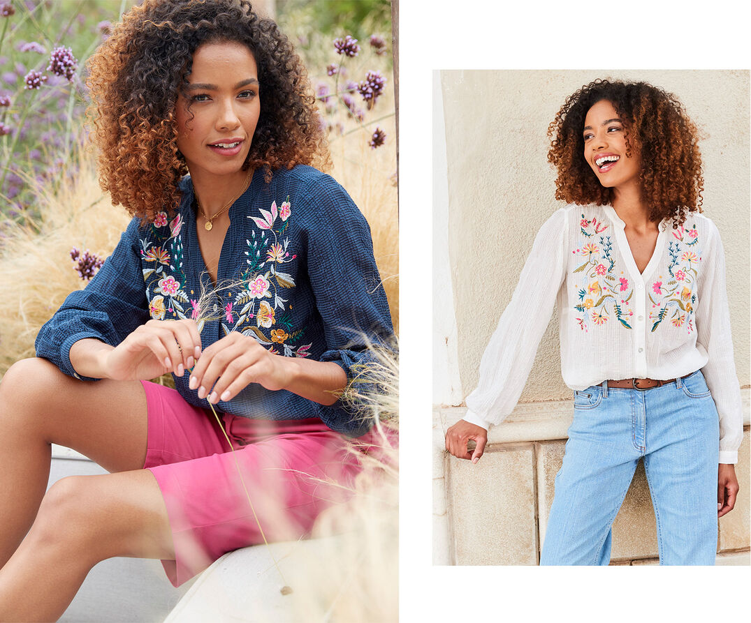 Two images of a woman. In one, she is wearing a blue button-up blouse with a floral design and pink shorts while in a field, in the other, she is wearing a white version of the blouse with blue jeans and a brown belt