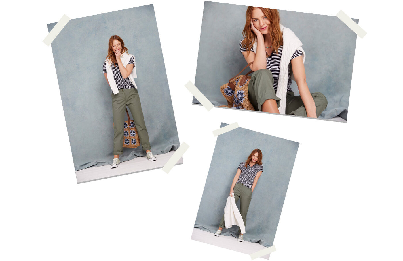 Three images of a woman. She wears a navy blue and white stripe v-neck T-shirt with khaki trousers and a white knitted jumper thrown over her shoulders. In the first and second images, she also holds a wicker bag in her hands.