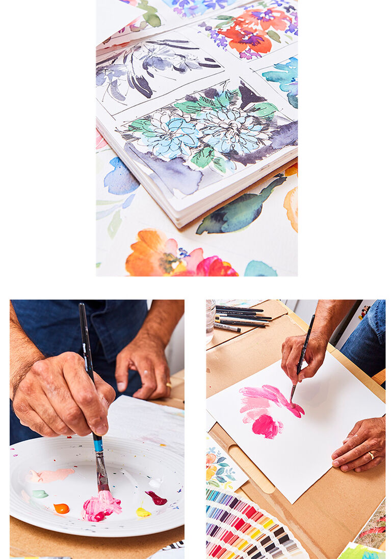 Three images. The first is a white mixing palette with the colour pink being created. The second is a close-up shot of floral designs in an art book. The third is a shot of the man painting a pink flower on white paper