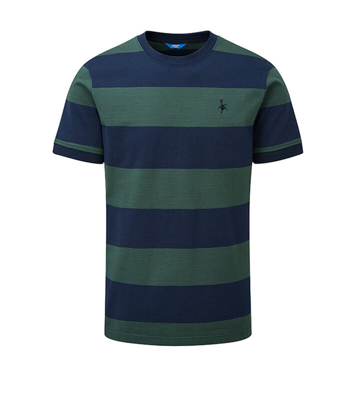 Stillshot image of the Cotton Traders green and blue stripe rugby t-shirt