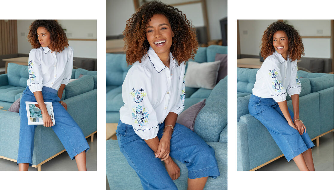 Three images of a woman wearing a white button-up blouse with printed sleeves and blue cropped jeans