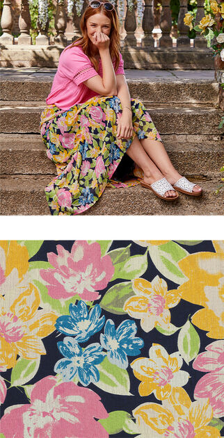 Two images. The first is of a woman sitting on steps wearing a pink blouse tucked into a floral midi skirt. She is also wearing white sandals and has a pair of sunglasses on the top of her head. The second image is a close-up shot of the floral pattern, including pink, white and blue flowers with green leaves