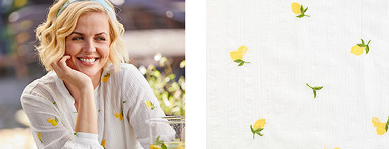 Two images. The first is of a woman wearing a white blouse with lemons embroidered on it. She is also wearing a blue headband and looks off to the side. The second image is a close-up shot of the lemon print