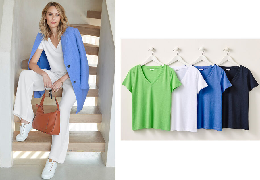 Two images. The first is of a woman sitting on wooden stairs wearing a white V-neck T-shirt, white trousers, white trainers and a blue coat. The second image is of the V-neck T-shirts hung up on a wall. The colours are green, white, blue and navy