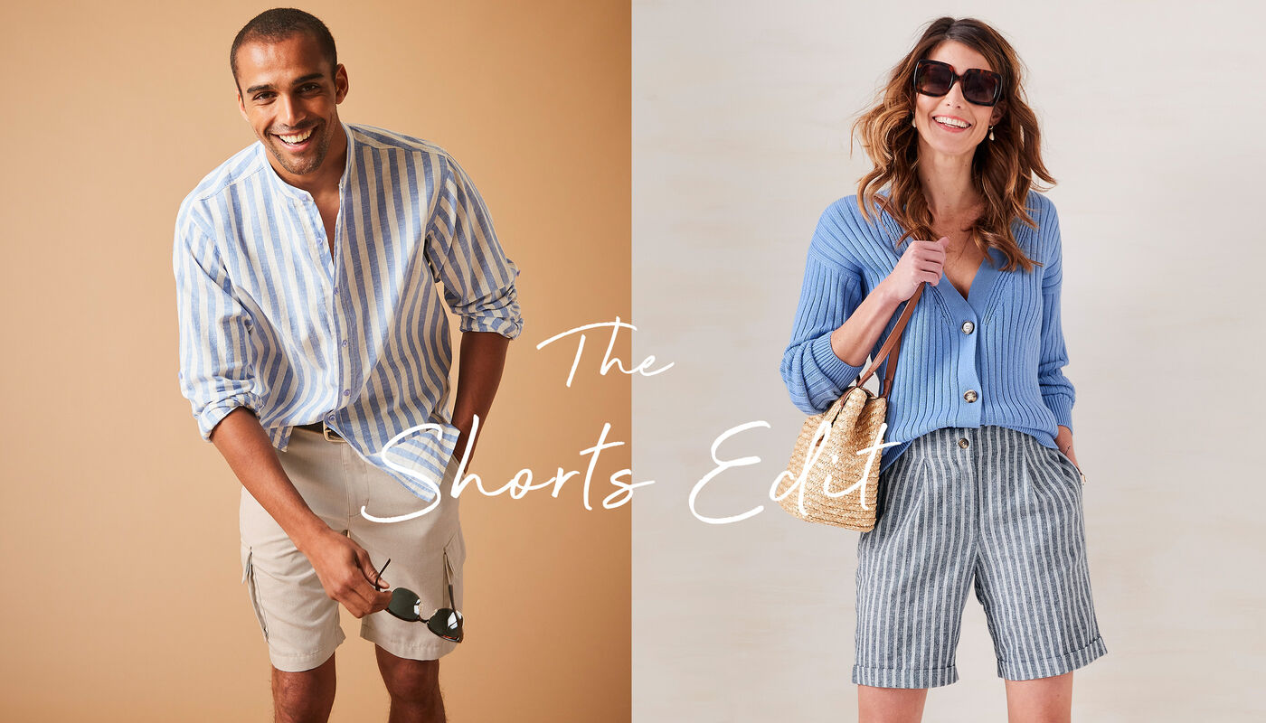 Man and woman wearing striped summer clothing