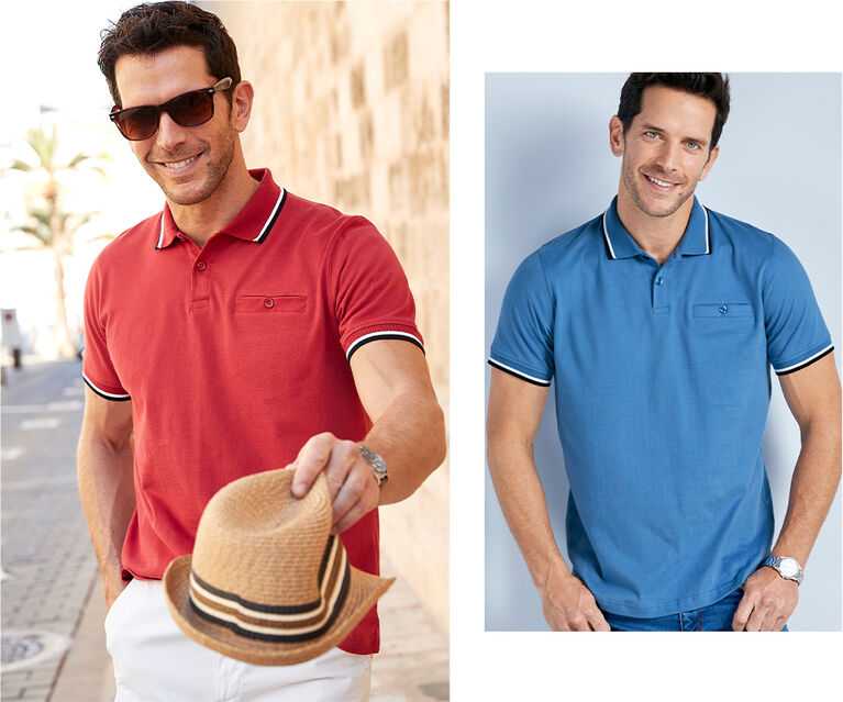 Three images of a man wearing a polo shirt with a contrasting stripe collar. In the first image, he wears a polo shirt in black. In the second image, he wears it in a red shade and holds a wicker hat in his hand and a pair of brown sunglasses. In the third image, he wears it in blue.