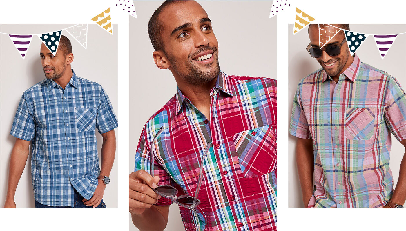 Three images of a man. In the first image, he wears a blue checkered button-up shirt and looks off to the side. In the second, he wears the same shirt but in red. In the third image, he wears the same shirt again in a pink pastel shade.