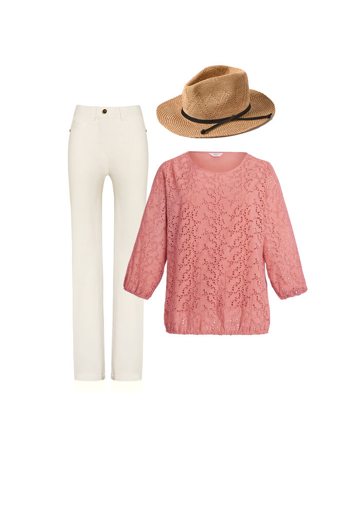 Pink blouse, cream denim and hat