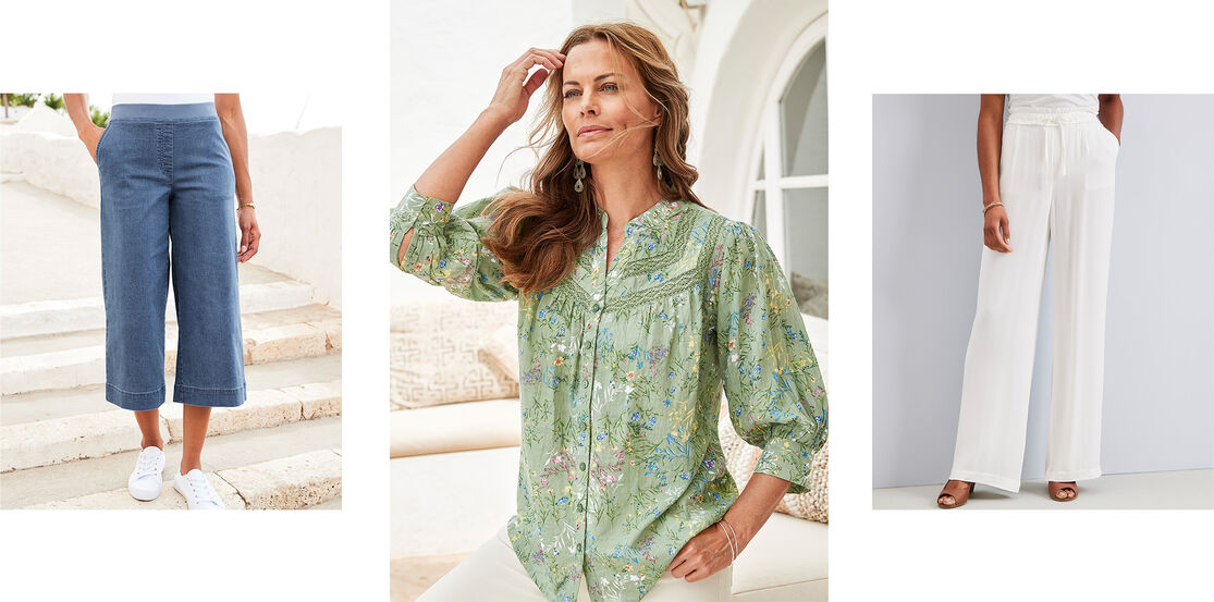 Three images. The first is an image of a pair of blue cropped trousers styled with white trainers. The second is a close-up shot of a green floral blouse as a woman stares off into the distance. The third is of a pair of high-waisted white linen trousers