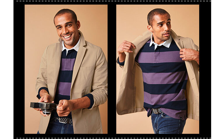 Two photos of the same man wearing a blazer and a stripy rugby top