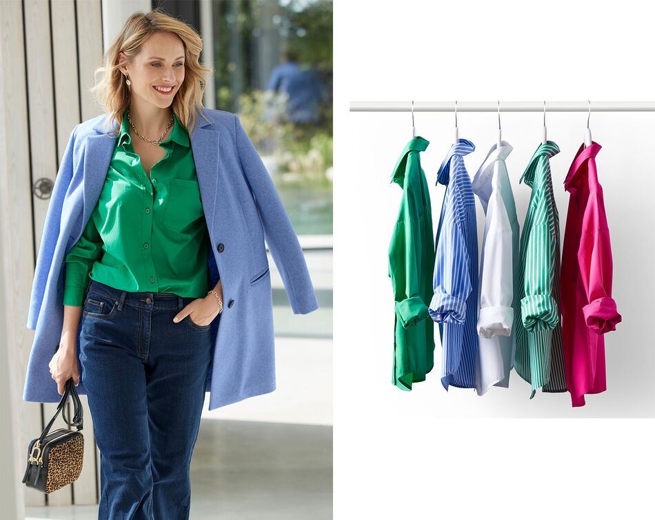 Two images. One is of a woman walking, wearing a green button-up shirt tucked into blue denim jeans with a light blue coat on top. She is also carrying a leopard print bag. The second image is of five shirts hung up on a rail. Three are block colours of green, blue, and pink, and two are striped
