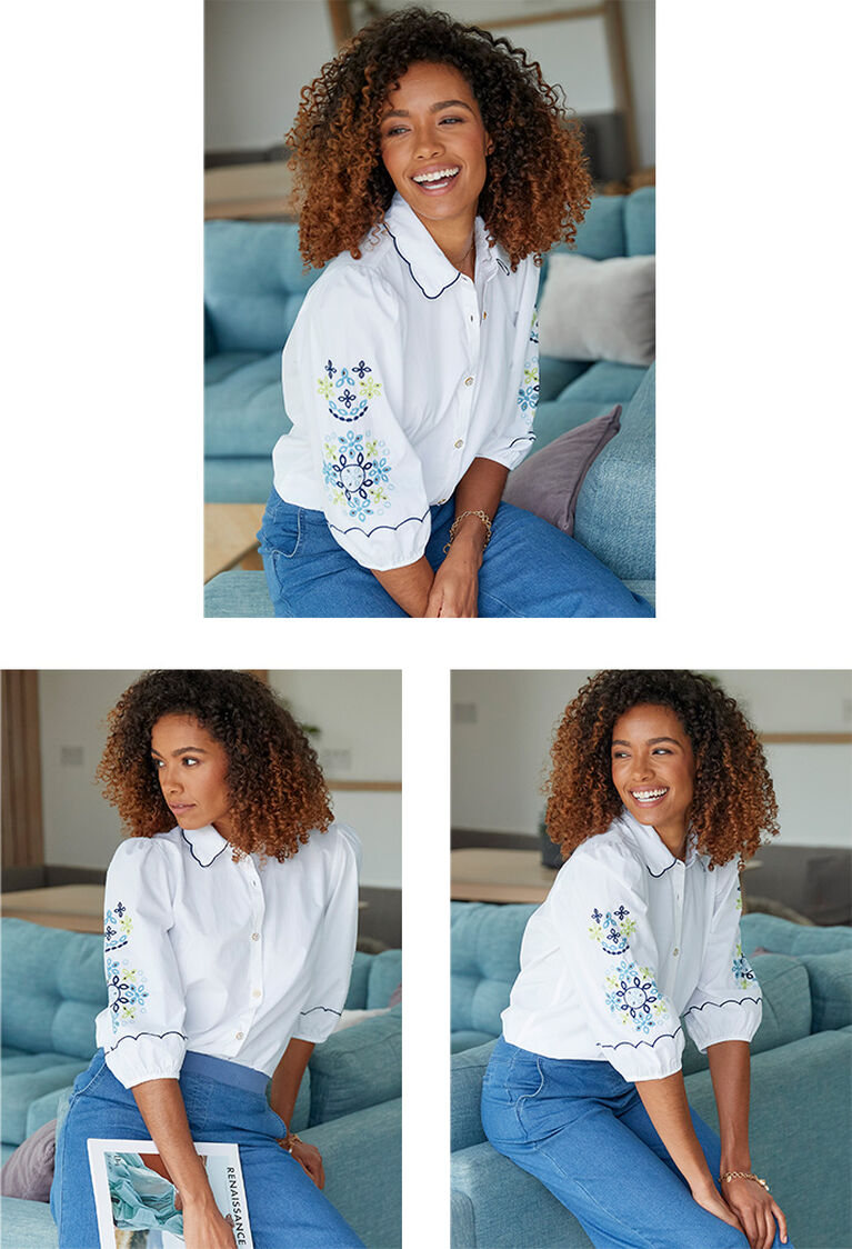 Three images of a woman wearing a white button-up blouse with printed sleeves and blue cropped jeans