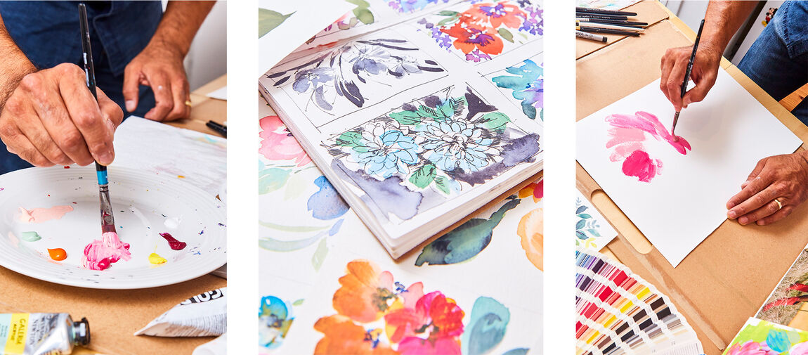 Three images. The first is a white mixing palette with the colour pink being created. The second is a close-up shot of floral designs in an art book. The third is a shot of the man painting a pink flower on white paper