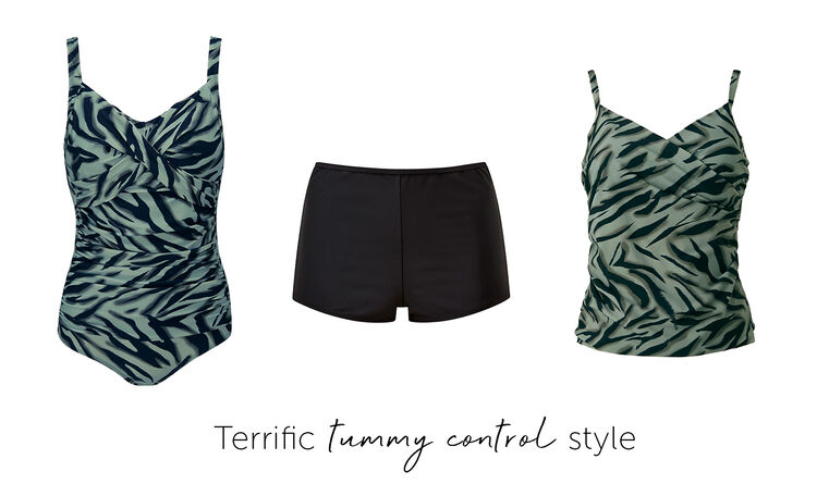 Three close-up shots of the green tiger print swimming costume, the black shorts and then the green tiger print tankini top