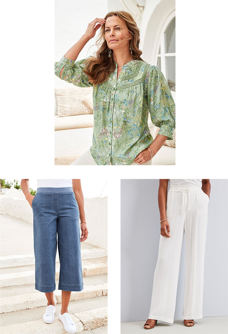 Three images. The first is an image of a pair of blue cropped trousers styled with white trainers. The second is a close-up shot of a green floral blouse as a woman stares off into the distance. The third is of a pair of high-waisted white linen trousers