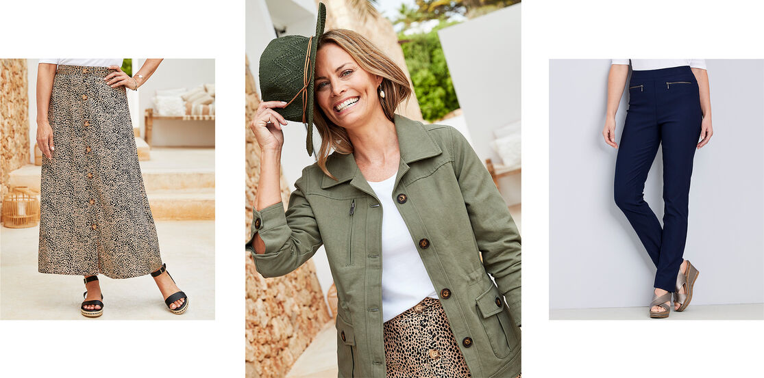 Three images. The first is a close up of a button-up animal print midi skirt. The second is a close-up shot of a woman holding a hat to her head while wearing a green jacket, a white top underneath and the animal print skirt. The third is a product shot of blue tailored trousers styled with a pair of wedges