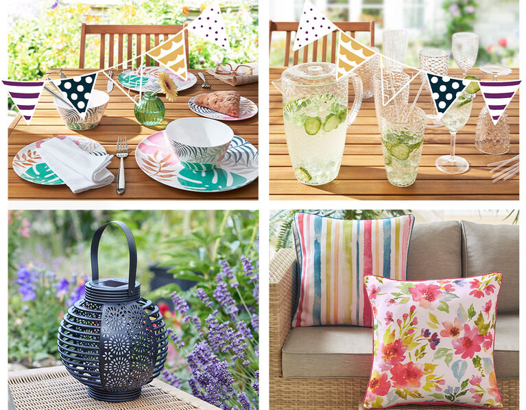 Four images of homeware. The first image is of a tropical dining set laid out on a wooden table. The second image is of a dimpled drinks jug, tumblers and wine glasses on the wooden table. The third image is of a black solar lantern with a floral pattern. The fourth image is of two cushions; one with a pastel stripe print and the other with a pastel floral print.