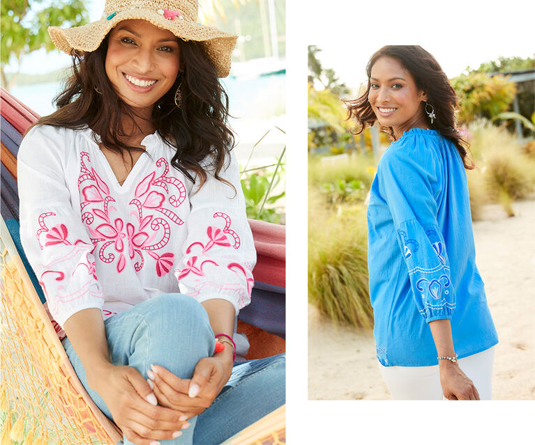 Three images of a woman. In the first and third images, she wears a blue v-neck embroidered blouse with ¾ sleeves. In the second image, she wears the same top but in white with pink detailing. She wears blue, light-wash jeans and a wicker sun hat.