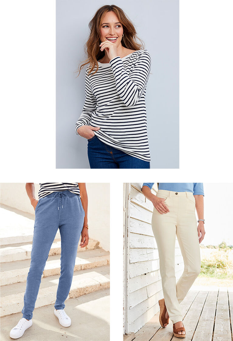 Three images. The first is a product shot of a pair of blue, light-washed denim-style joggers with an elasticated waistband. The second is of a woman wearing a striped long sleeve boat neck jersey top as she looks off to the side of the camera. The third image is of a pair of straight-leg jeggings in the shade ecru
