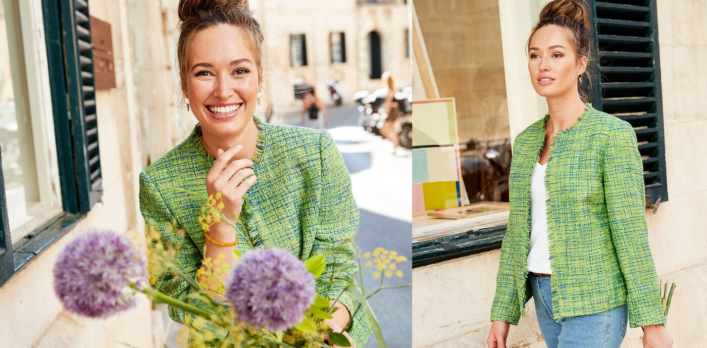 Two images of a woman. In the first, she’s wearing a green jacket, holding flowers and smiling into the camera. In the second, she’s wearing the green jacket with a white V-neck underneath and blue jeans.