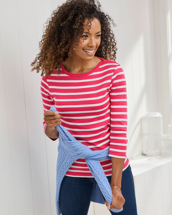 Wrinkle Free ¾ Sleeve Stripe Boat Neck Top