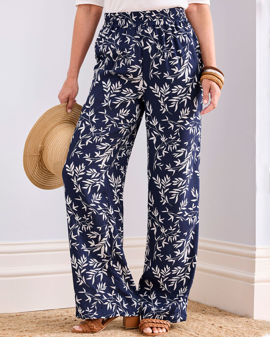 Printed Wide-Leg Pull-On Trousers