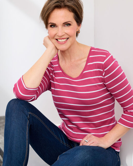 Wrinkle Free ¾ Sleeve Scoop Neck Stripe Top