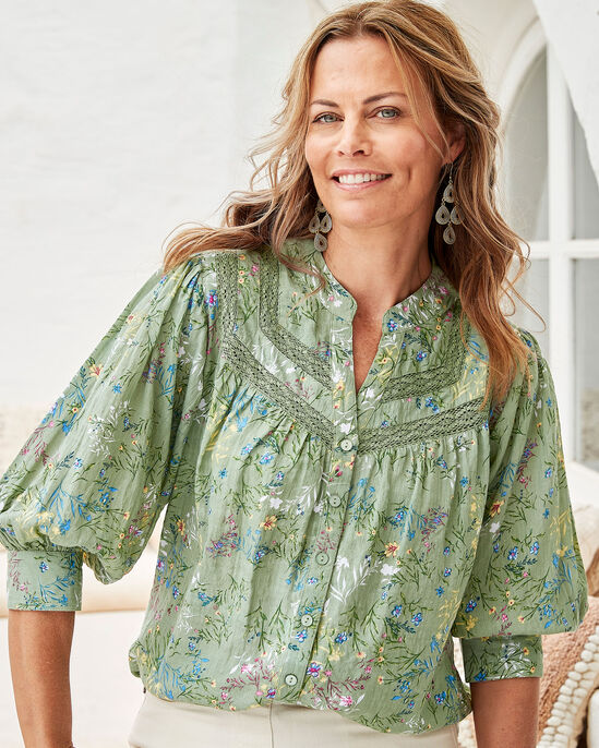 Eden Printed ¾ Sleeve Lace Trim Blouse 