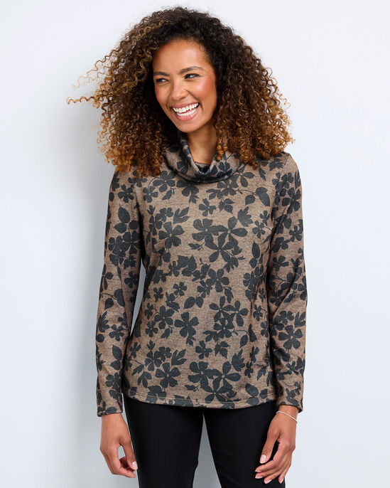 Long Sleeve Cowl Neck Print Jersey Top