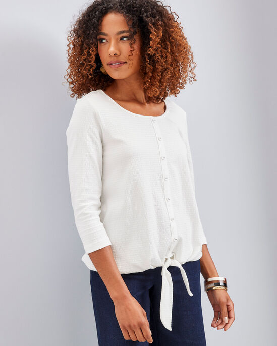 ¾ Sleeve Tie-Waist Textured Jersey Top