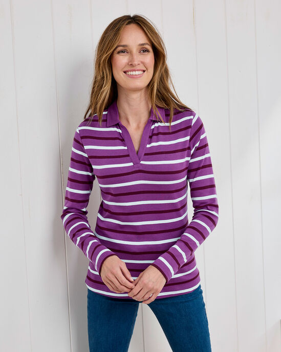 Wrinkle Free Long Sleeve Stripe Polo Top