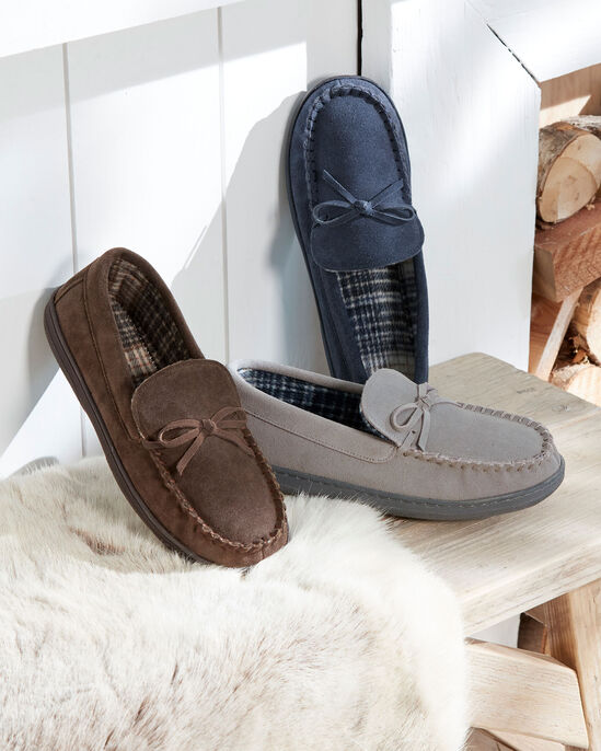 Suede Check-Lined Moccasin Slippers