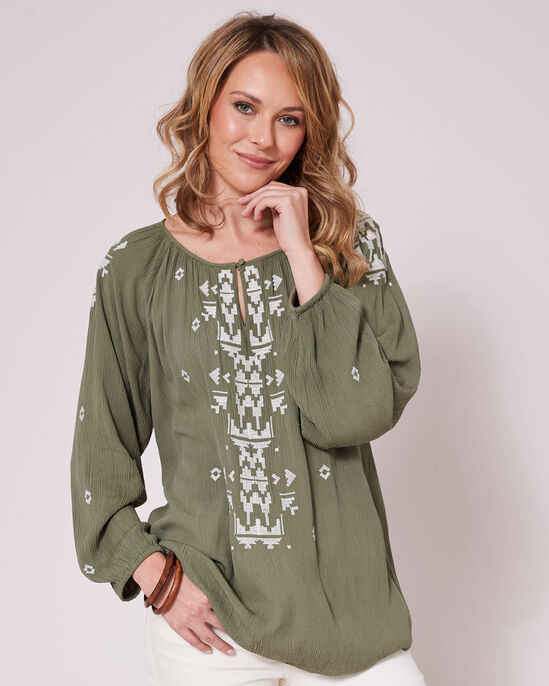Embroidered Crinkle Long Sleeve Blouse