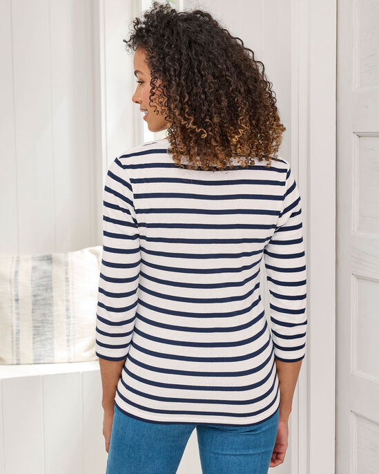 Wrinkle Free ¾ Sleeve Stripe Boat Neck Top