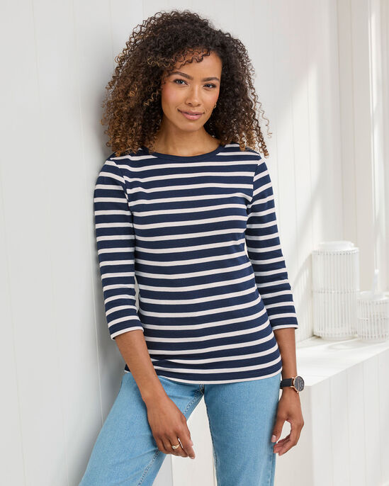 Wrinkle Free ¾ Sleeve Stripe Boat Neck Top