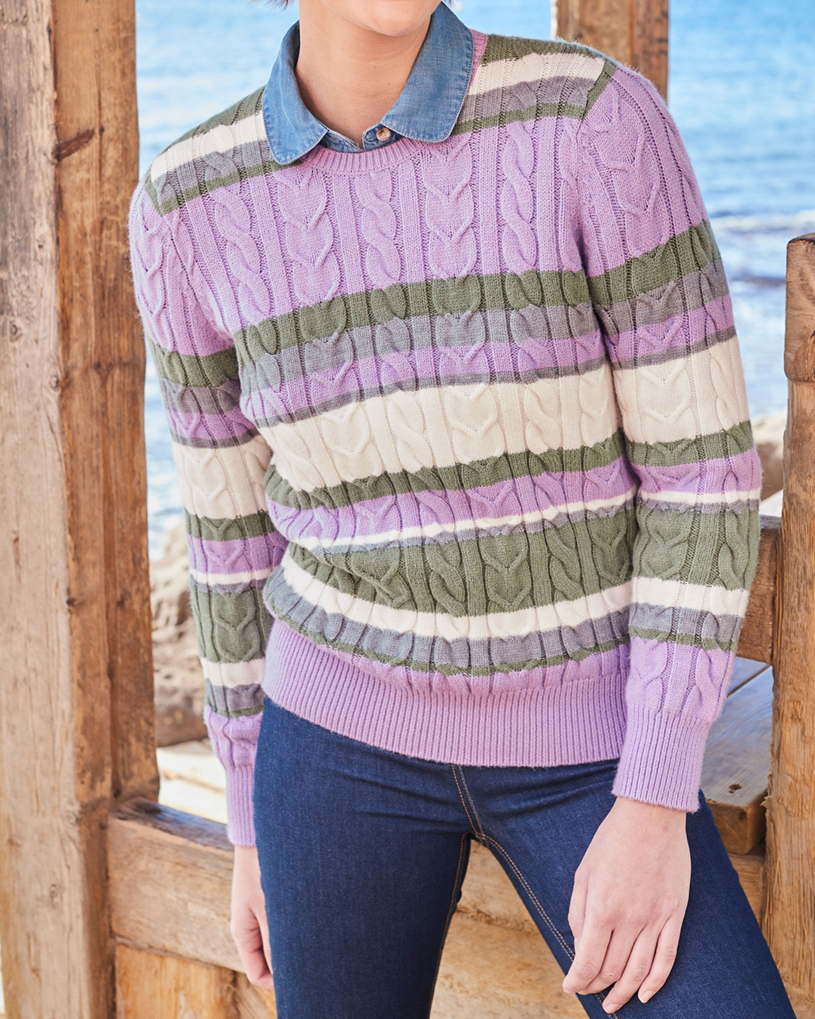 Cutest Cable Stripe Crew Neck Jumper at Cotton Traders