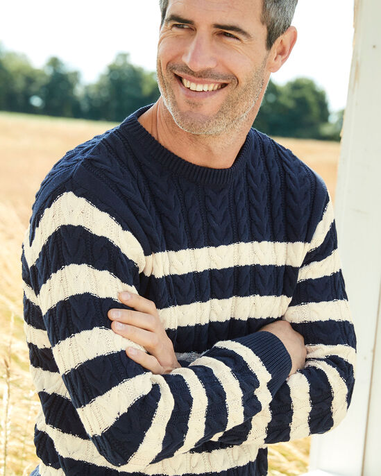 Stripe Cotton Cable Knit Crew Neck Jumper