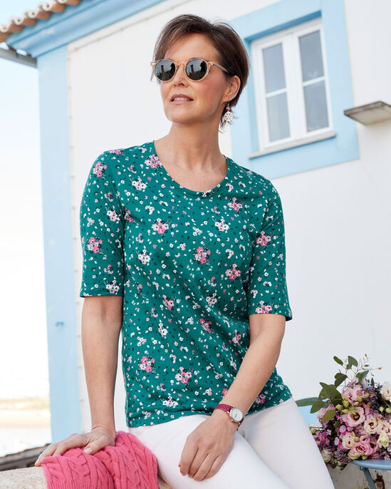 ½ Sleeve Scoop Neck Print Jersey Top