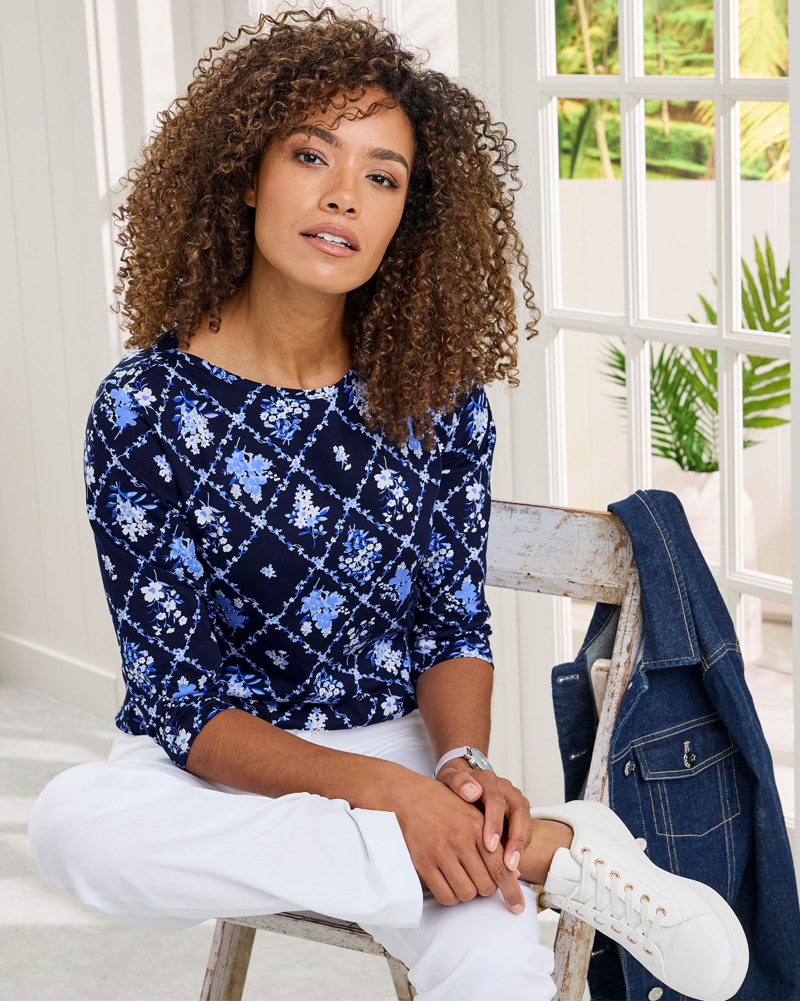 3/4 Sleeve Boat Neck Printed Top