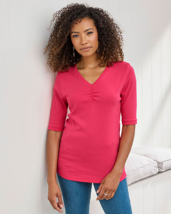 Wrinkle Free ½ Sleeve Ruched V-Neck Top