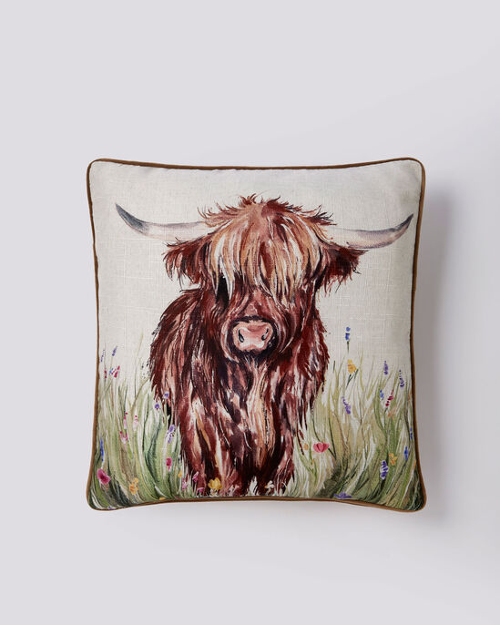 Highland Cow In Meadow Cushion
