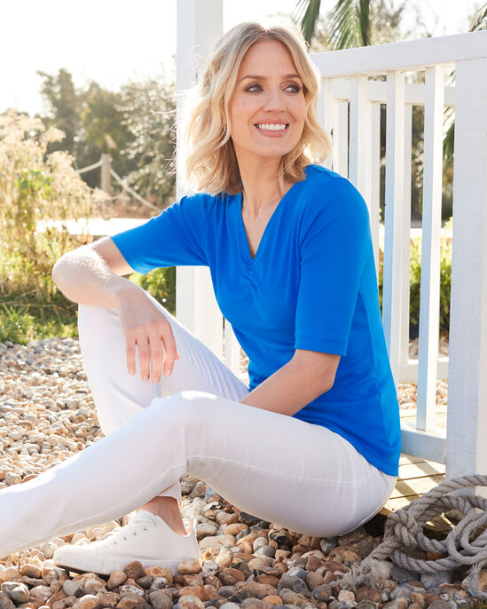 Wrinkle Free ½ Sleeve Gathered V-Neck Jersey T-Shirt