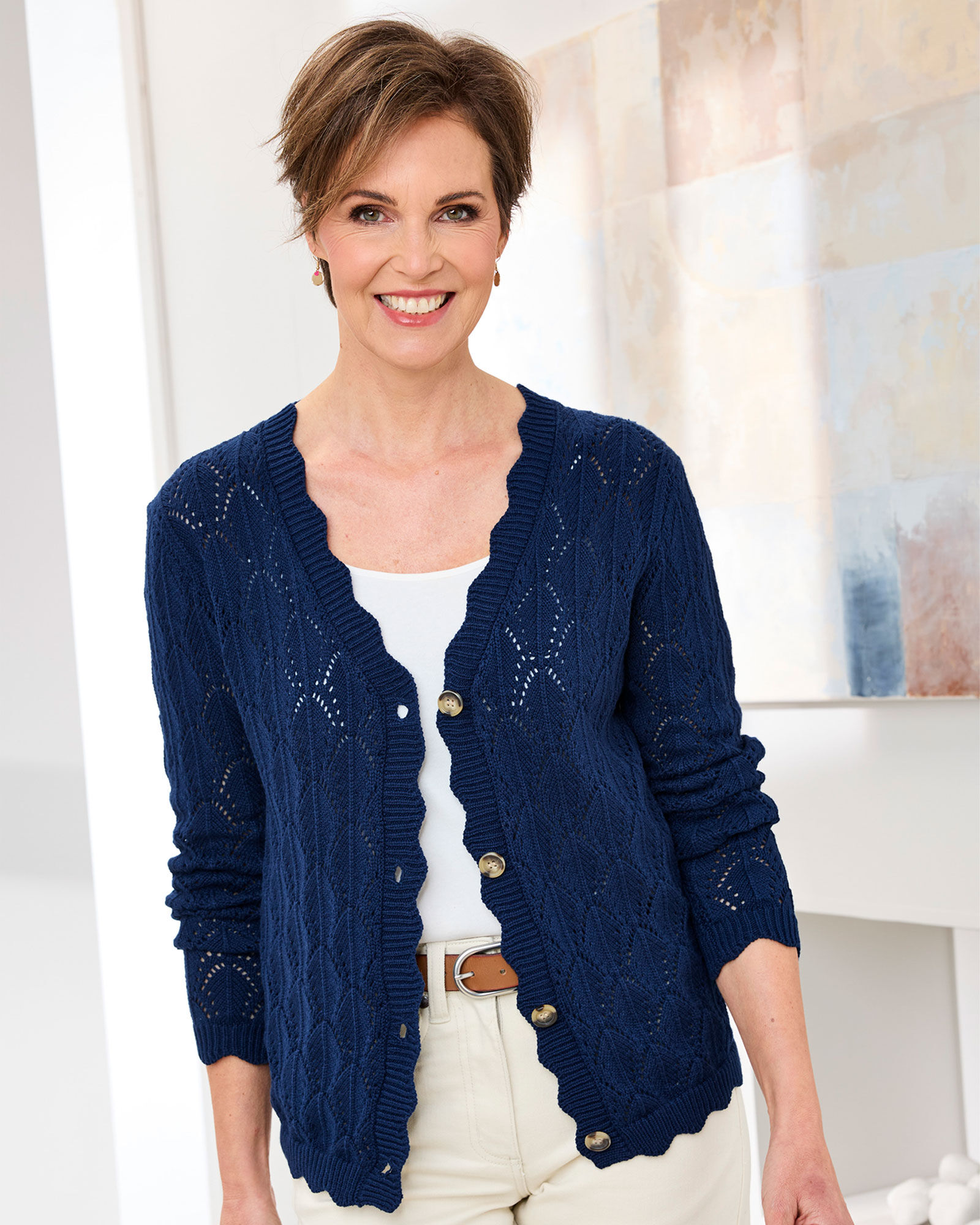 Pointelle V Neck Cardigan Blue Navy at Cotton Traders